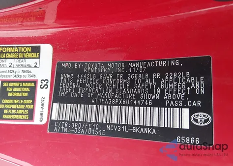 2008 Toyota Camry Solara Se z USA, uszkodzony, nr VIN 4T1FA38PX8U144746